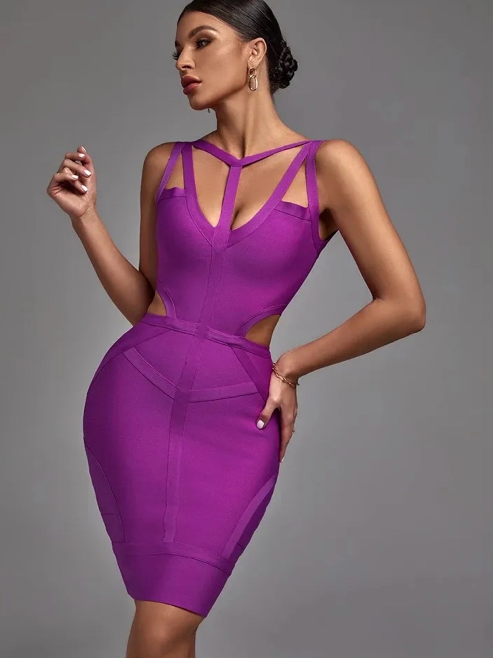 Purple Strappy Bodycon Dress - Women's Fitted Cocktail Dress